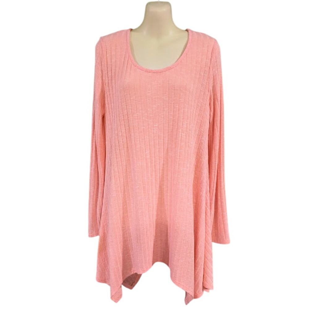 Gibiu USA Long Sleeve Ribbed Tunic with Shark Tooth Hem, Peach, Sz S